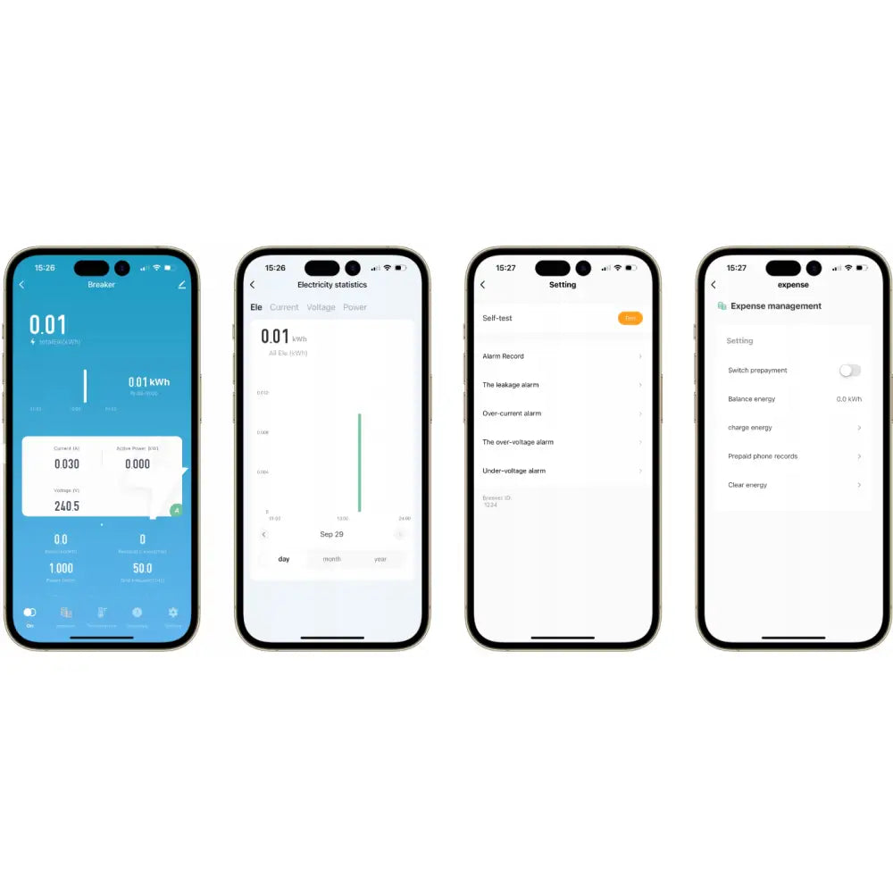 Tuya Wifi Strømforbruksmåler Relé 63A, appvisning på fire mobiler med energistatistikk og forbruksstyring.