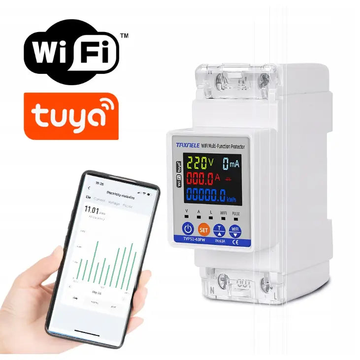 Tuya Wifi strømforbruksmåler med fargedisplay, vist skrått foran, sammen med mobiltelefon som viser data.