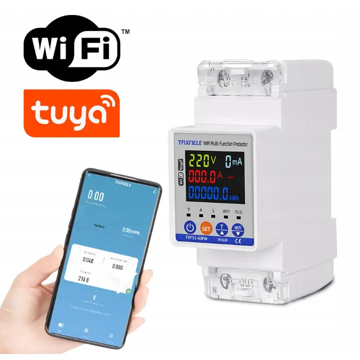 Tuya Wifi strømforbruksmåler relé 63A, frontvisning med skjerm, mobilapp og WiFi-logoer i bakgrunnen.