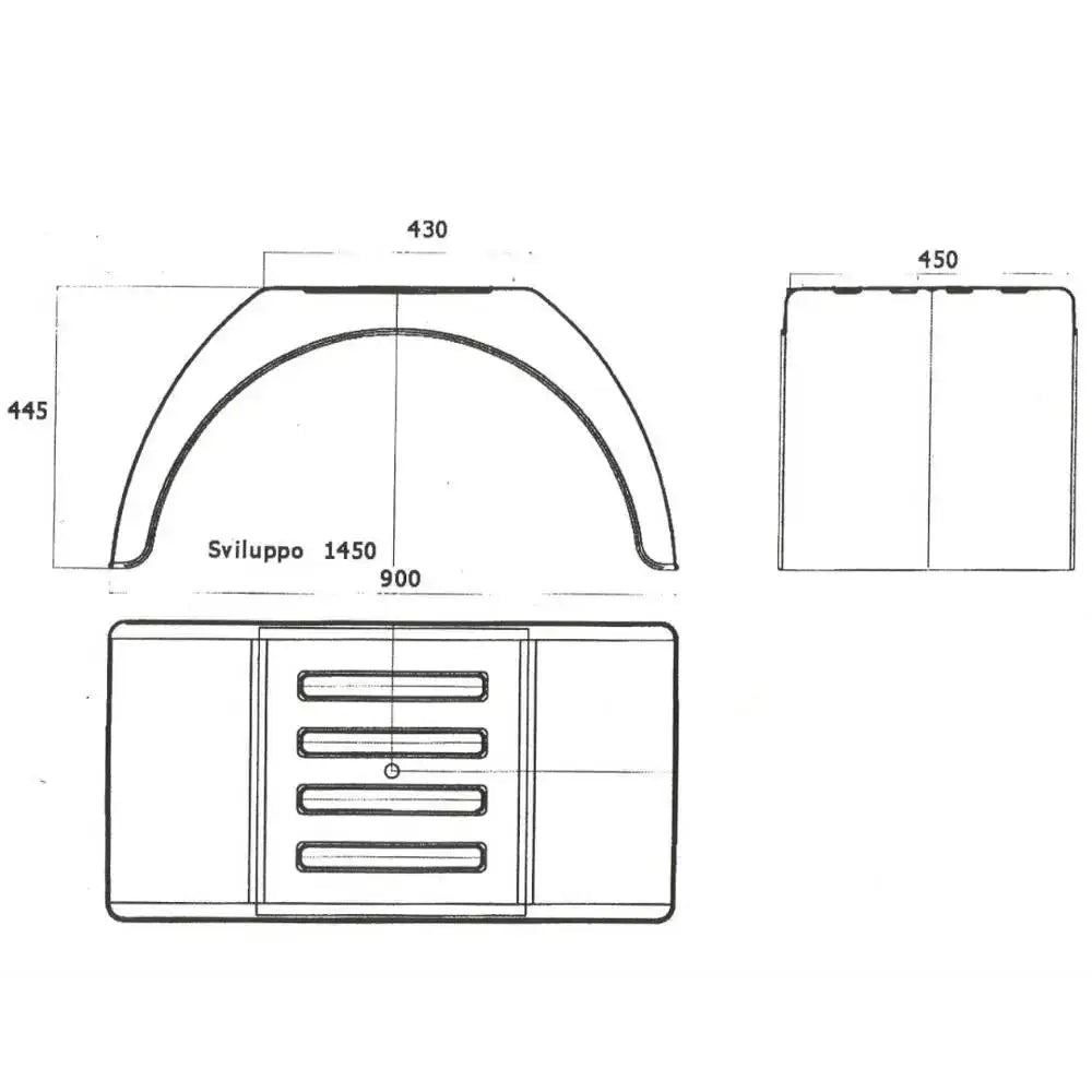 Tvillingskjerm med flat topp, teknisk tegning med mål fra topp-, side- og frontperspektiv.