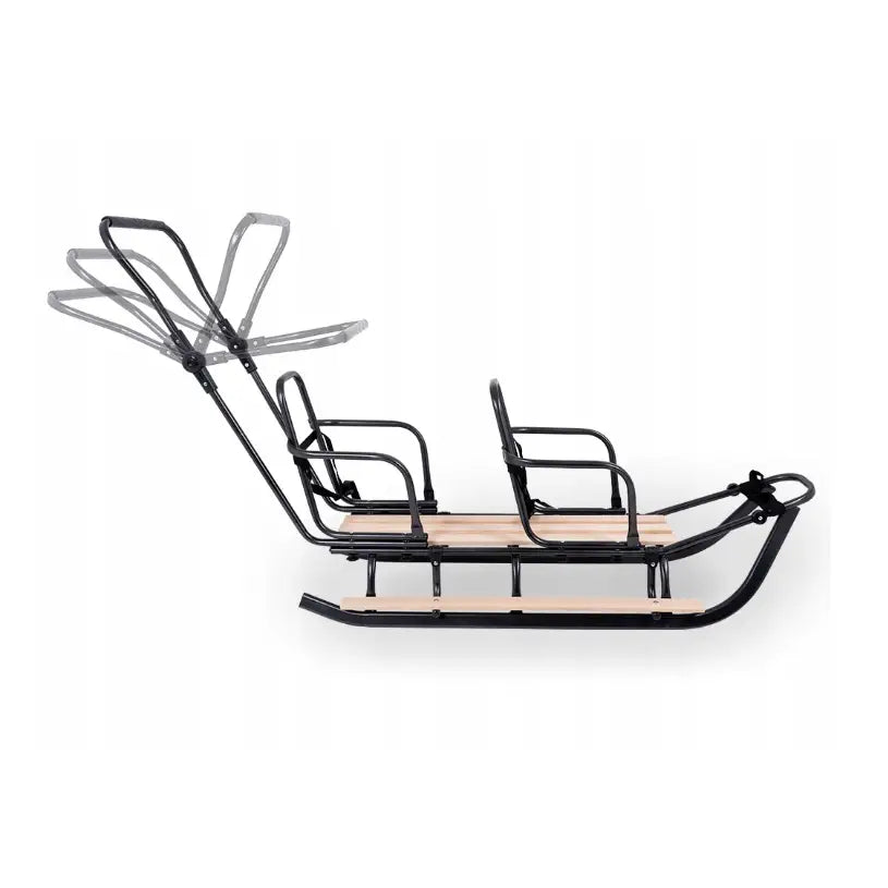 Tvillingtrille med gangehjelp, sidebilde som viser sammenleggbar håndtaksløsning i flere posisjoner på akebrettet.