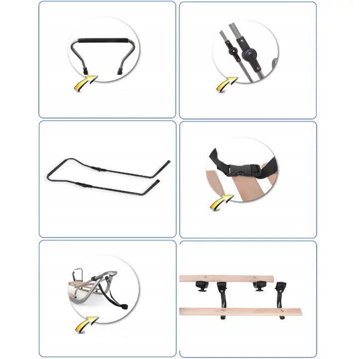 Tvillingtrille med gangehjelp, nærbilde av sorte metalldeler, reimer og beslag montert på lyse treplanker.