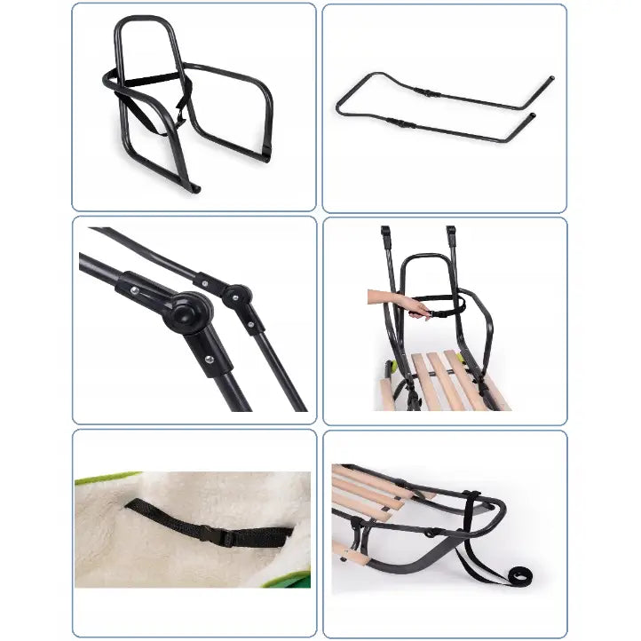 Tvillingtrille med gangehjelp, nærbilde av svarte metalldeler, festemekanismer og håndtak på treverk.