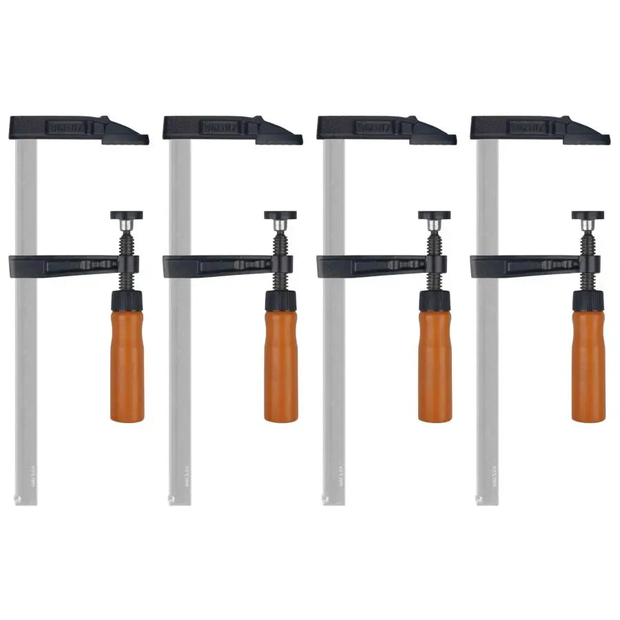 Tvinge Snekkerverksted sett med fire metalltvinger, svart skrue og oransje håndtak, frontvisning mot hvit bakgrunn.