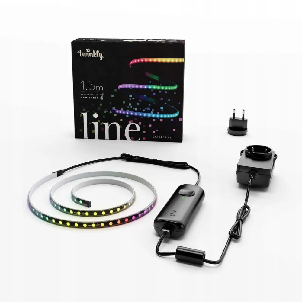 Twinkly Line LED-teip med flerfarget lys, svart kontrollboks, strømadapter og fargerik produkteske.