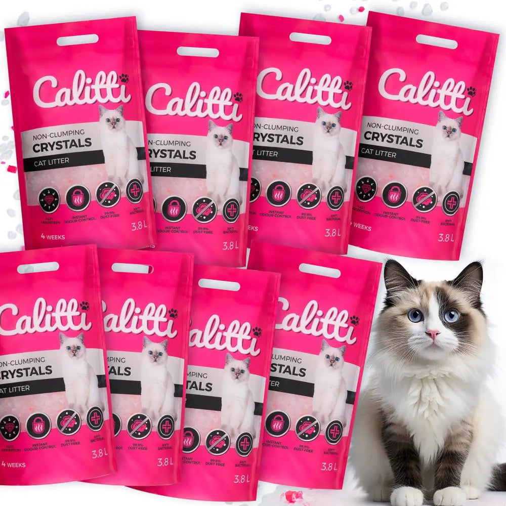 Tykk Silikonsand Sett 8X3,8 L, åtte rosa poser med hvit katt på emballasjen, blåøyd katt ved siden av.