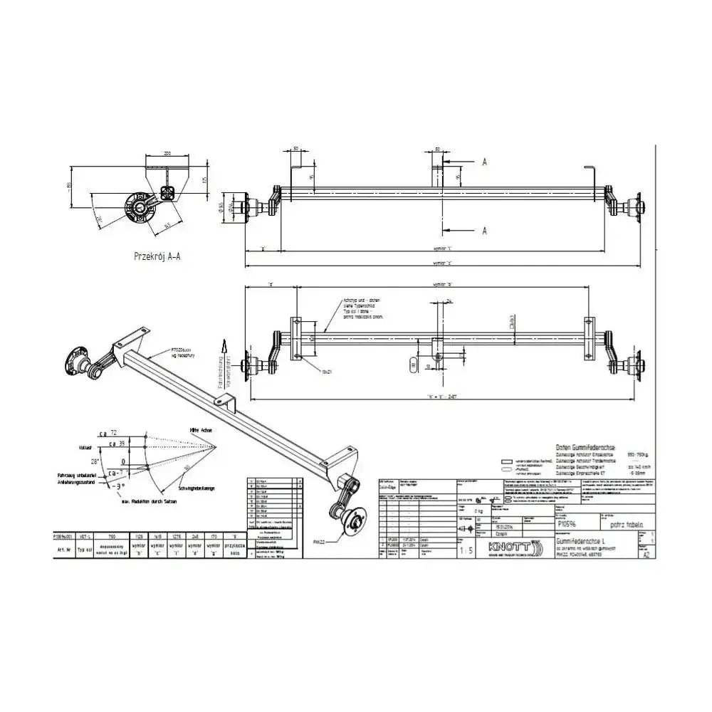 Aksling KNOTT VG7-L 750 kg, teknisk tegning med mål, tverrsnitt og detaljer for montering.