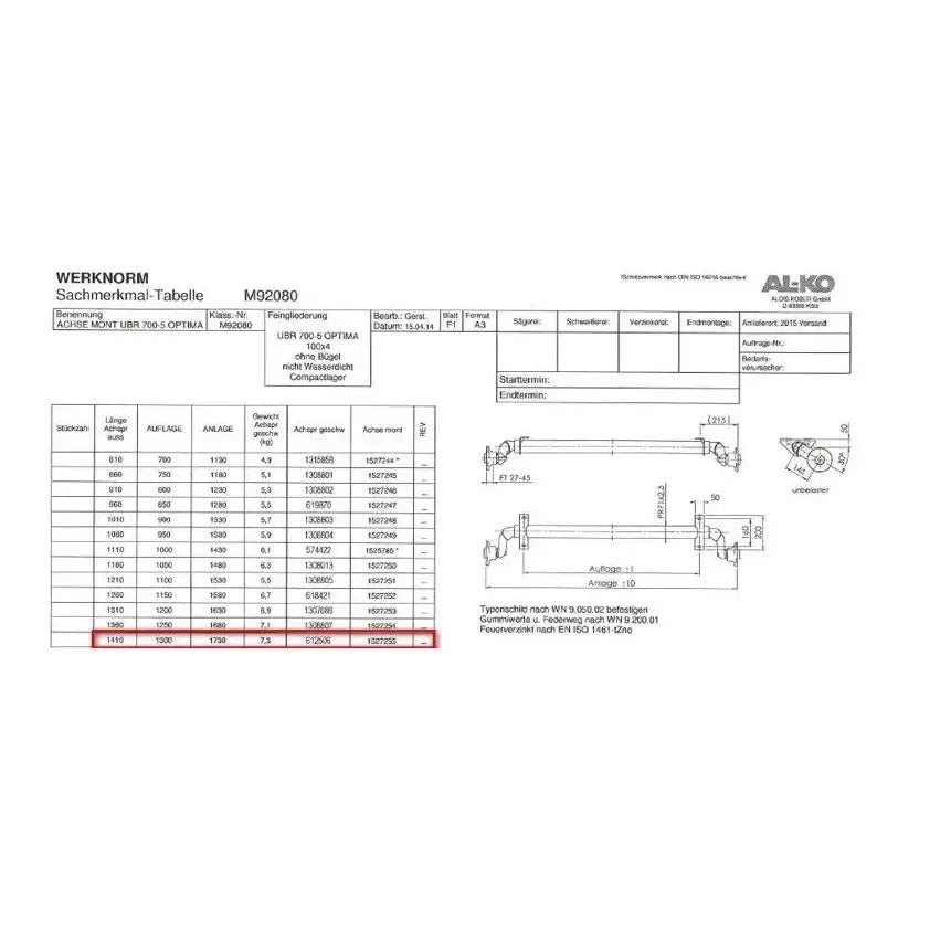 Aksling tilhenger AL-KO 750 kg, teknisk datablad med måltegning, spesifikasjoner og rød markering i tabellen.