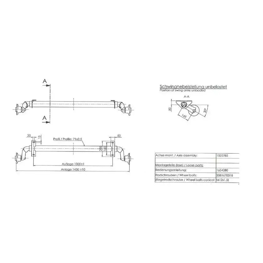 Aksling tilhenger AL-KO, teknisk strektegning med målangivelser, sett fra siden og ovenfra med spesifikasjonstabell.