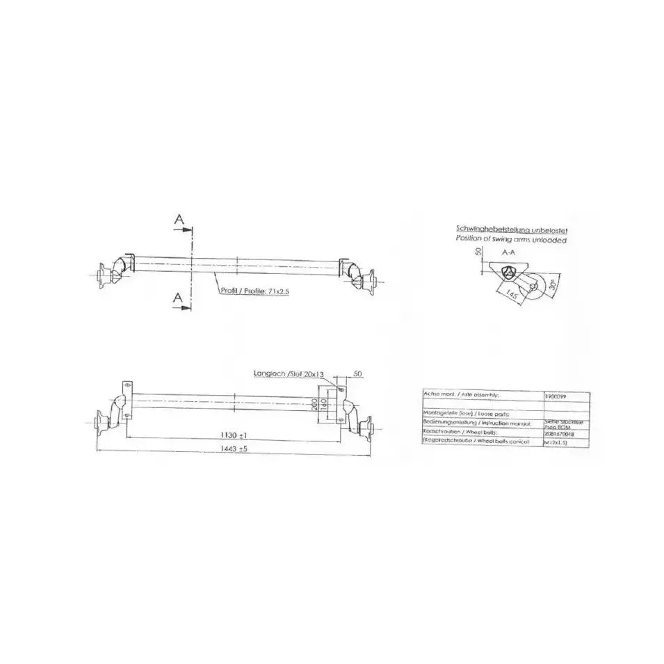 Aksling tilhenger AL-KO, teknisk tegning med mål, festeanordninger og spesifikasjonstabell, side- og toppvisning.