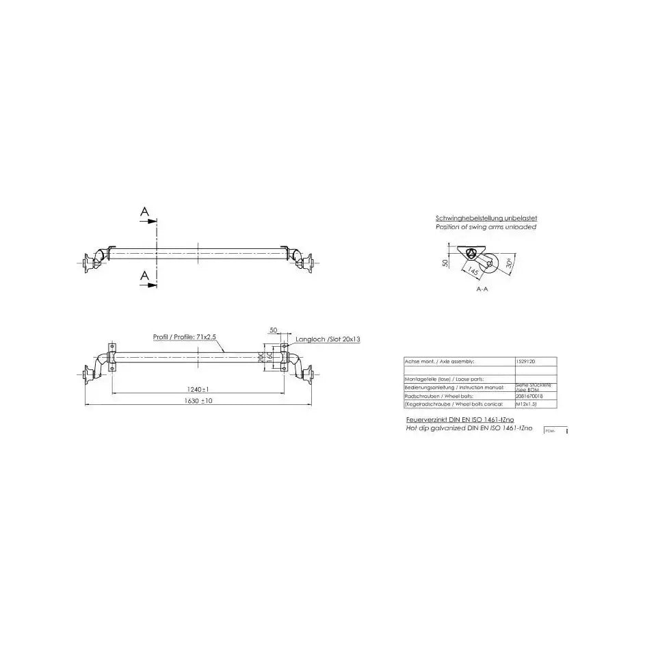 Aksling for tilhenger, teknisk tegning med detaljerte mål, snitt og festebraketter vist fra to vinkler.