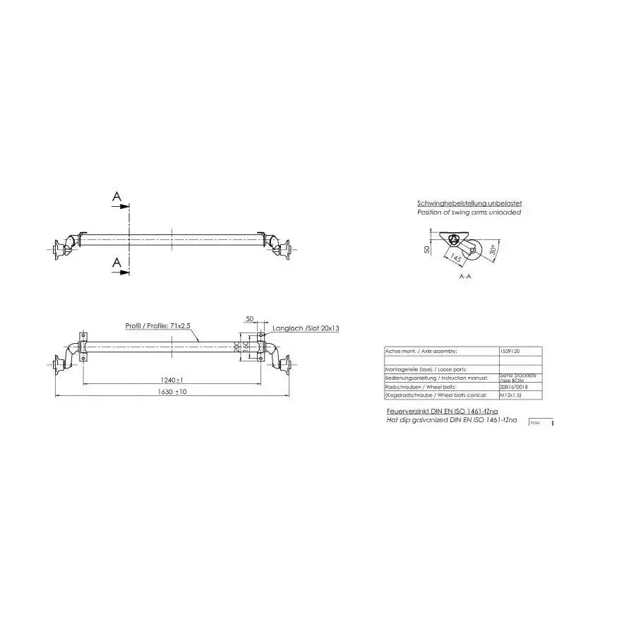 Aksling for tilhenger fra AL-KO, teknisk tegning med mål, snitt og spesifikasjonstabell.