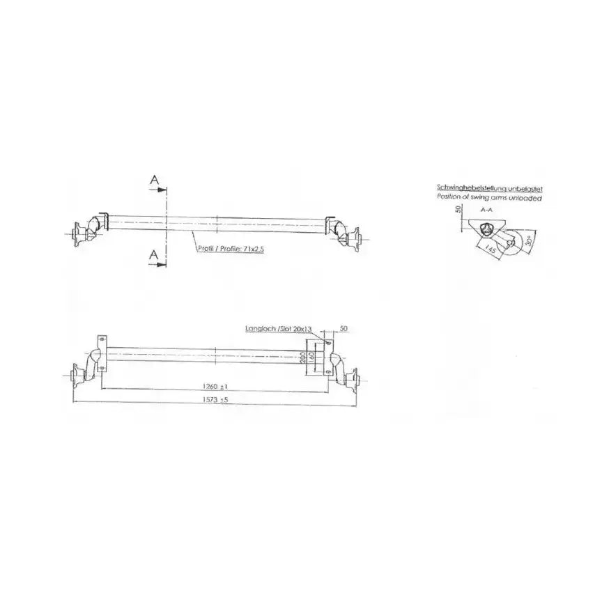 Aksling tilhenger AL-KO, teknisk tegning med mål, side- og toppvisning av profil og svingarmposisjon.