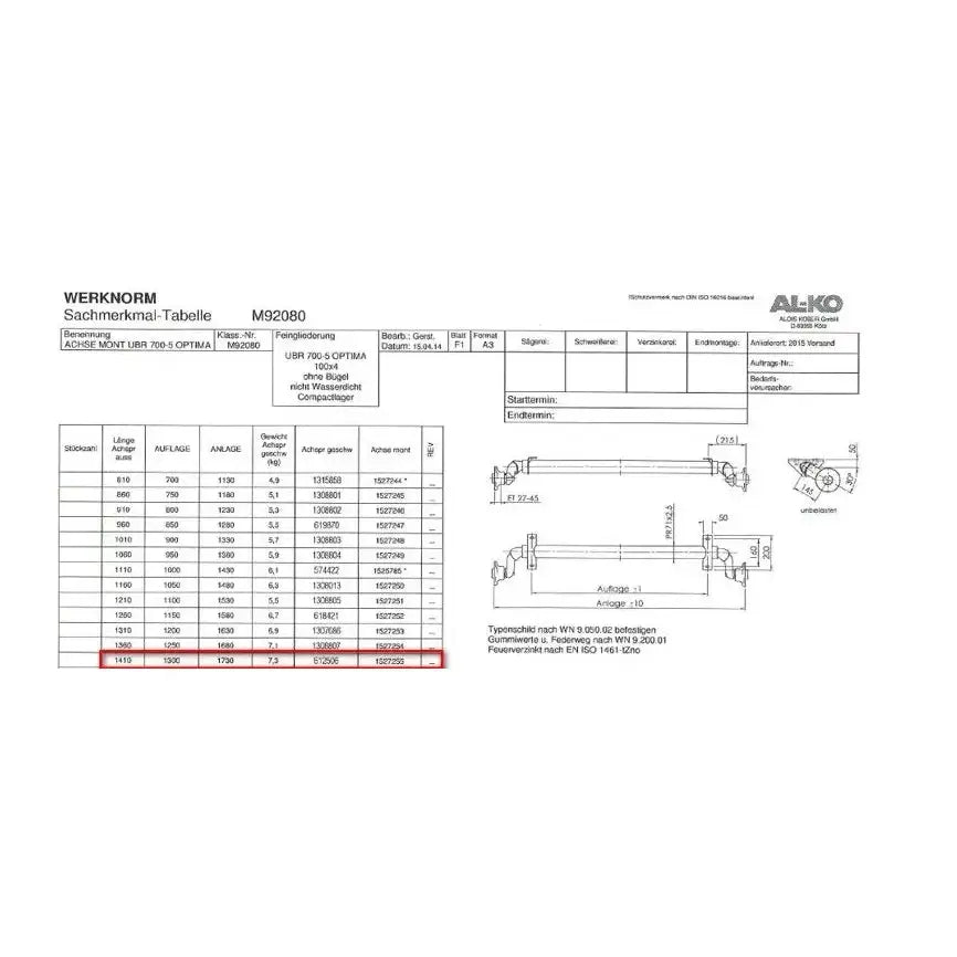 Aksling tilhenger AL-KO, teknisk tabell med skjematisk tegning og mål for ulike akseltyper.
