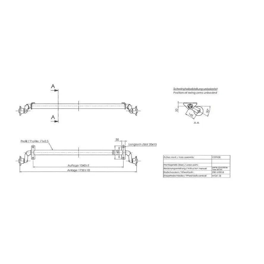 Aksling for tilhenger, teknisk strektegning som viser flere vinkler og mål på metallakslen mot hvit bakgrunn.
