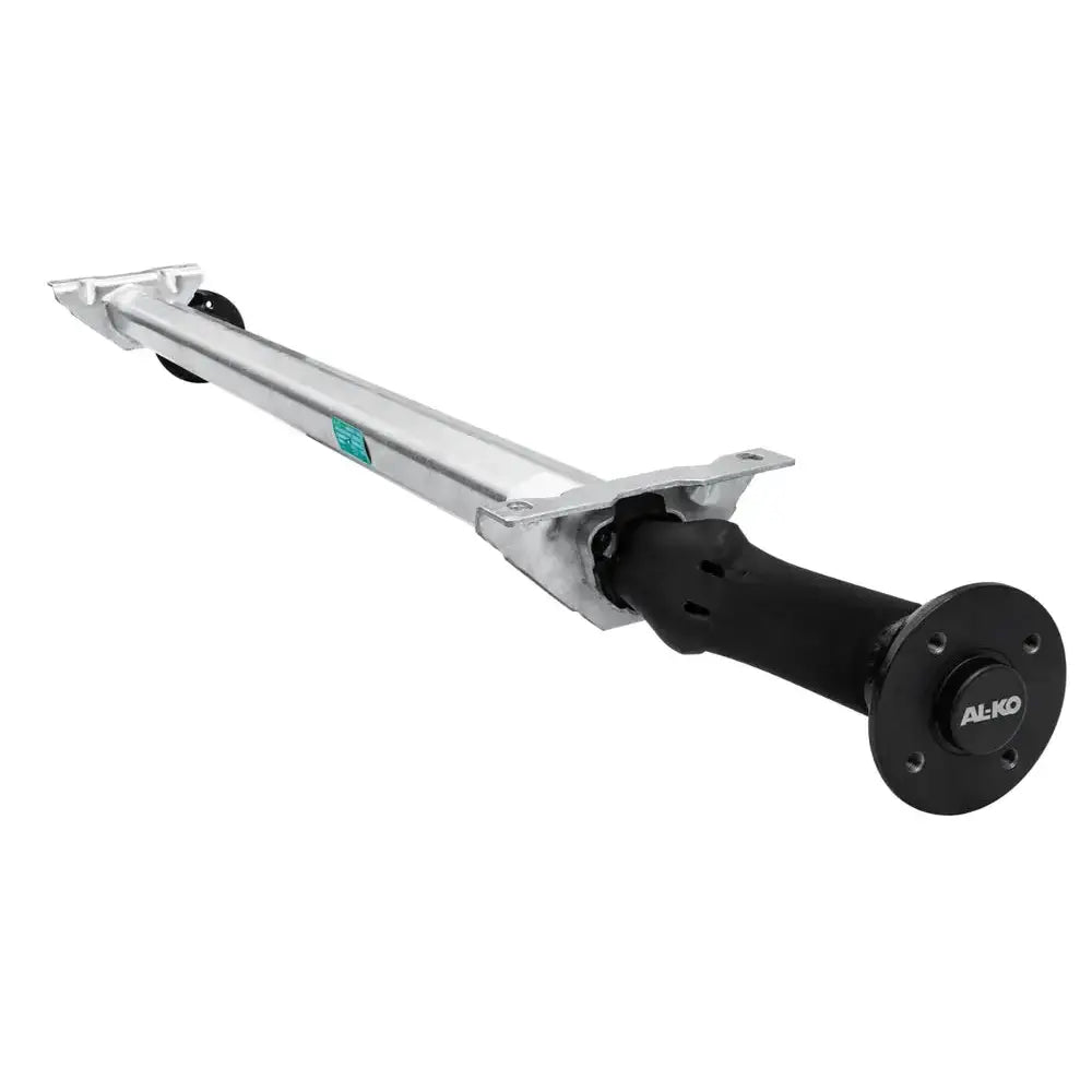 Aksling tilhenger AL-KO, skrå sidevisning av sølvfarget rør med sorte ender og AL-KO-logo på endestykket.