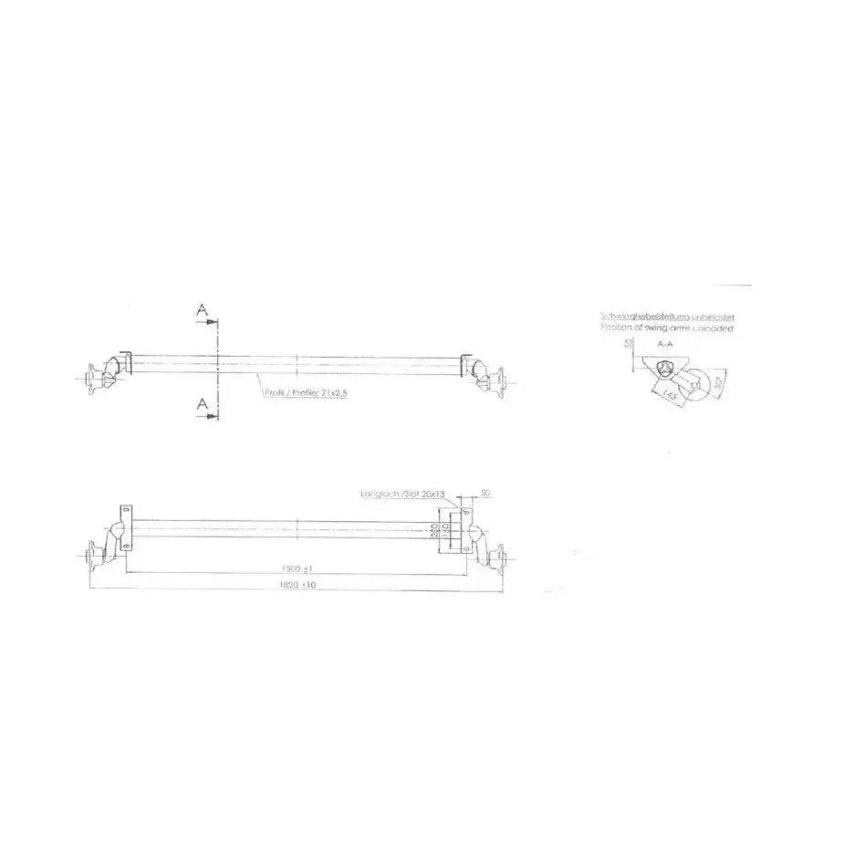 Aksling tilhenger AL-KO, teknisk tegning med mål og detaljer sett fra side og forfra på hvit bakgrunn.