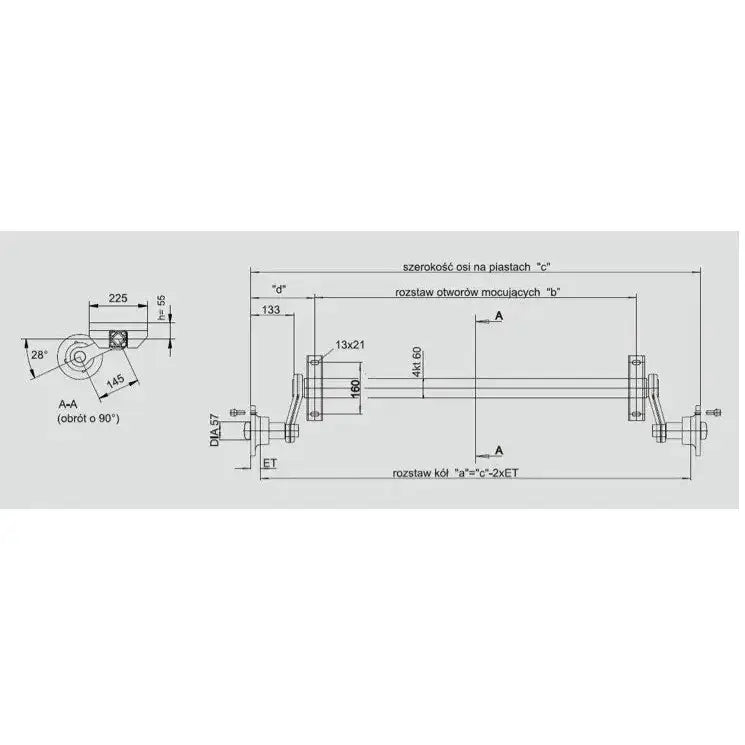 Aksling for tilhenger, teknisk strektegning med mål og dimensjoner vist fra side- og endeperspektiv.