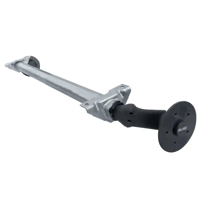 Aksling for tilhenger AL-KO, skrå vinkel viser galvanisert stag, sorte endeplater og synlige boltehull.