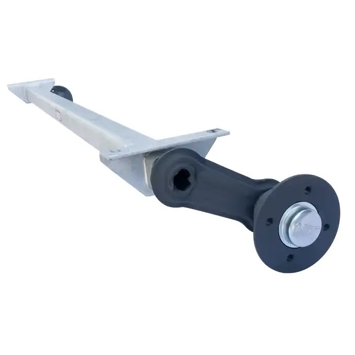 Aksling for tilhenger Knott VG7, skråvisning av sølvfarget stag med sort endeplate og boltfeste.