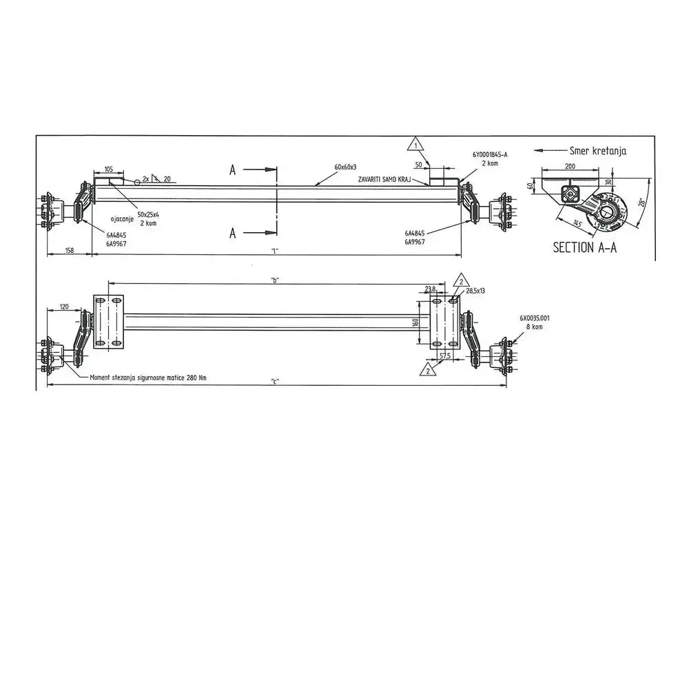 Aksling tilhenger Knott VG7-L, teknisk tegning med mål og seksjonsdetaljer vist fra side og topp.
