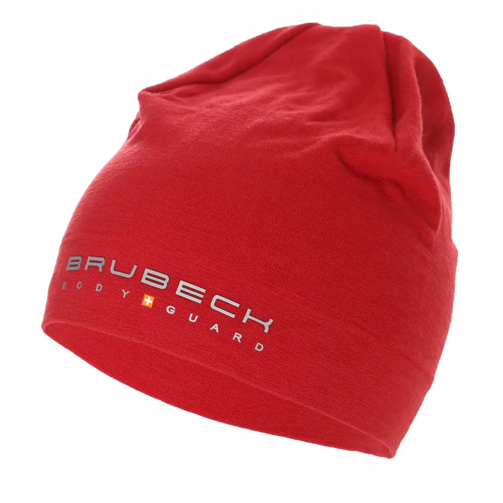 Ull Merino termoaktiv lue fra Brubeck, rød med sølvfarget logo og teksten "BRUBECK BODYGUARD" foran.
