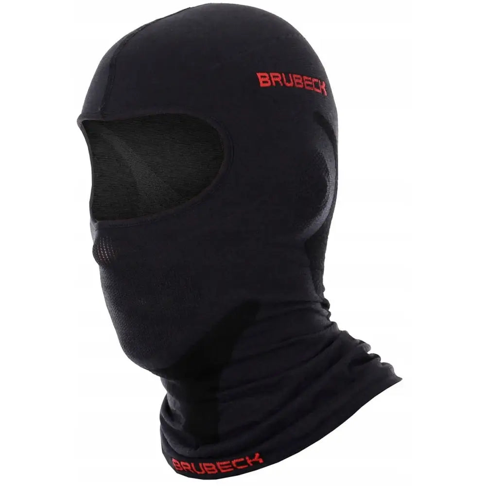 Ull termoaktiv balaklava fra Brubeck, sort med rød logo, sidevisning og stor åpning for øyne og nese.