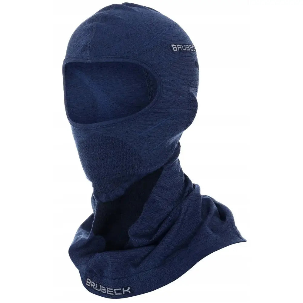 Ull termoaktiv hette fra Brubeck i mørkeblått, skrå forside med synlig logo på siden og halsen.