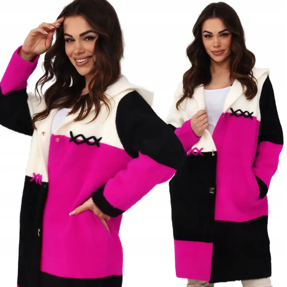 Ullfrakk med Hette Alpakka Fuchsia Svart 1972