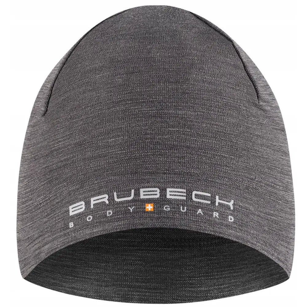 Ullhatt Extreme unisex merinoull, mørkegrå front med hvit og oransje Brubeck-logo brodert på tynn tekstil.