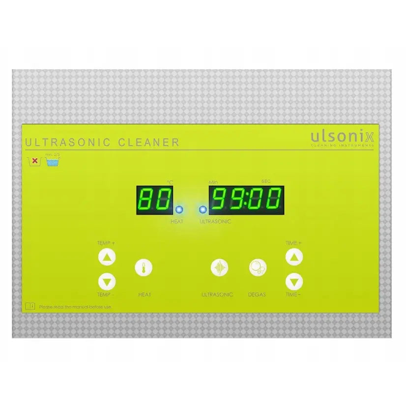 Ultralydvasker med digitalt gult kontrollpanel, grønne LED-tall for temperatur og tid, hvite trykknapper.