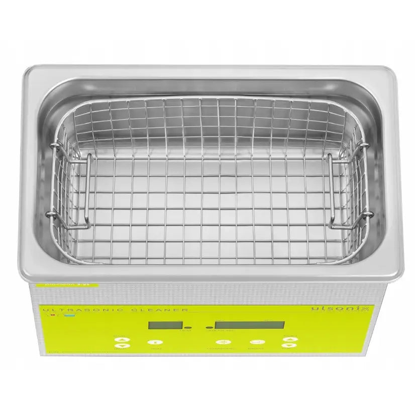 Ultralydvasker med 3,2 liters rustfri tank, metallgitterkurv og synlig kontrollpanel med gule detaljer.