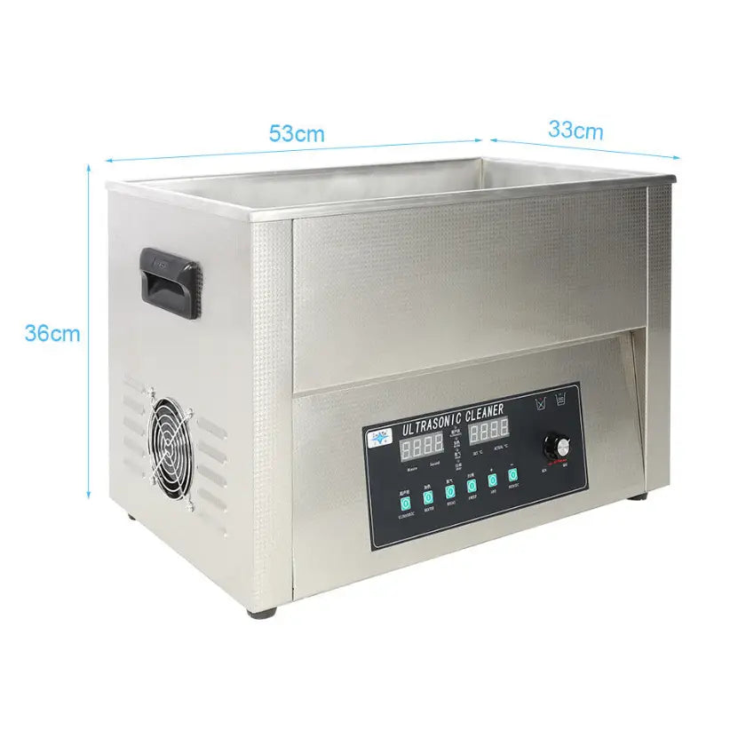 Ultralydvasker 30L med digitalt panel, sorte håndtak og synlig vifte, skrått forfra mot stålfinish.