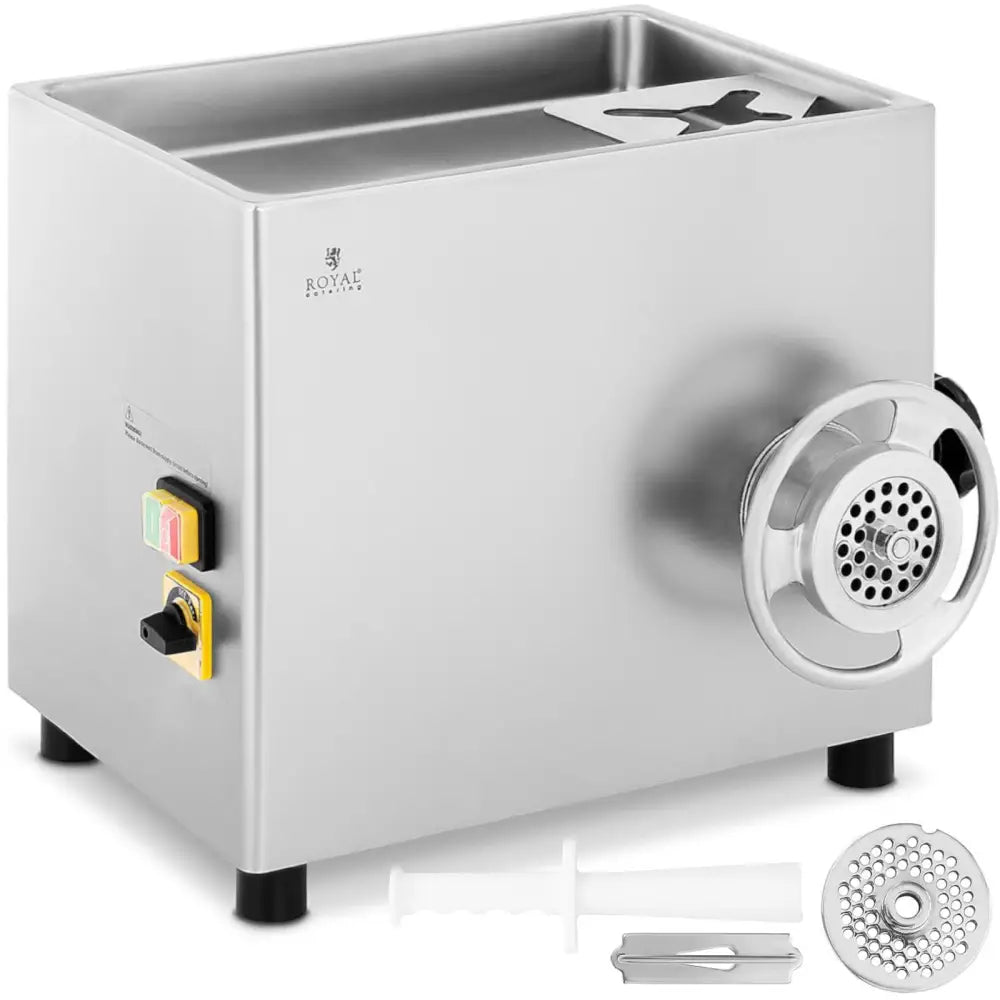 Ulven Profesjonell kjøttkvern 550W i rustfritt stål, side- og frontvisning med tilbehør foran.