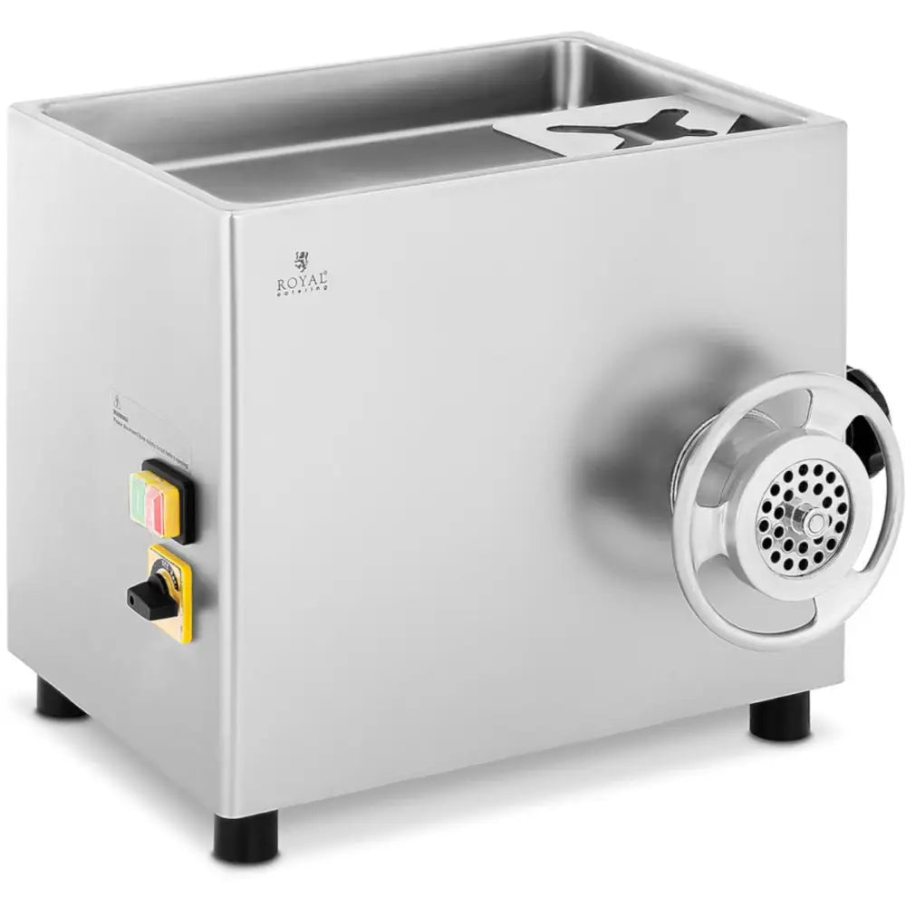 Ulven Profesjonell kjøttkvern i børstet stål, skråvinklet visning med metallrist og kontrollknapper synlig.