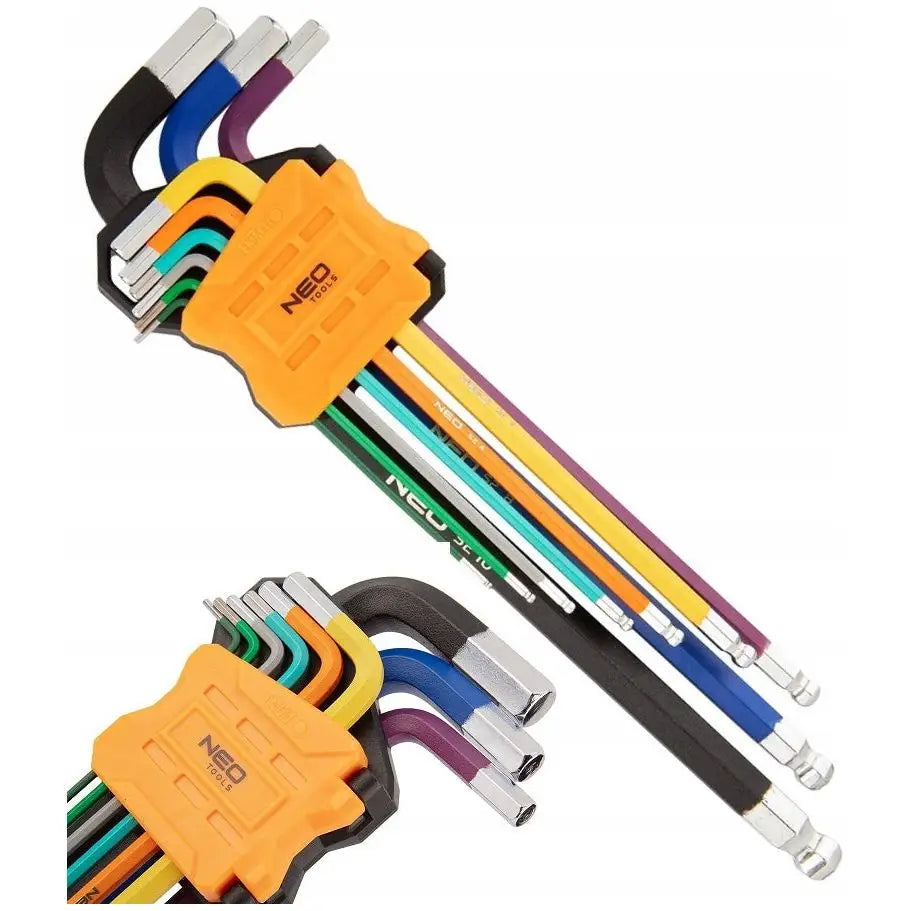 Umbraconøkler Hex lange i ni ulike farger og størrelser, samlet i oransje plastholder, sett skrått.