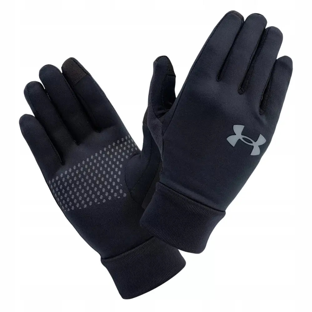 Under Armour vinterhansker Storm Liner, sorte hansker med logo og gripepunkter, vist fra to vinkler.