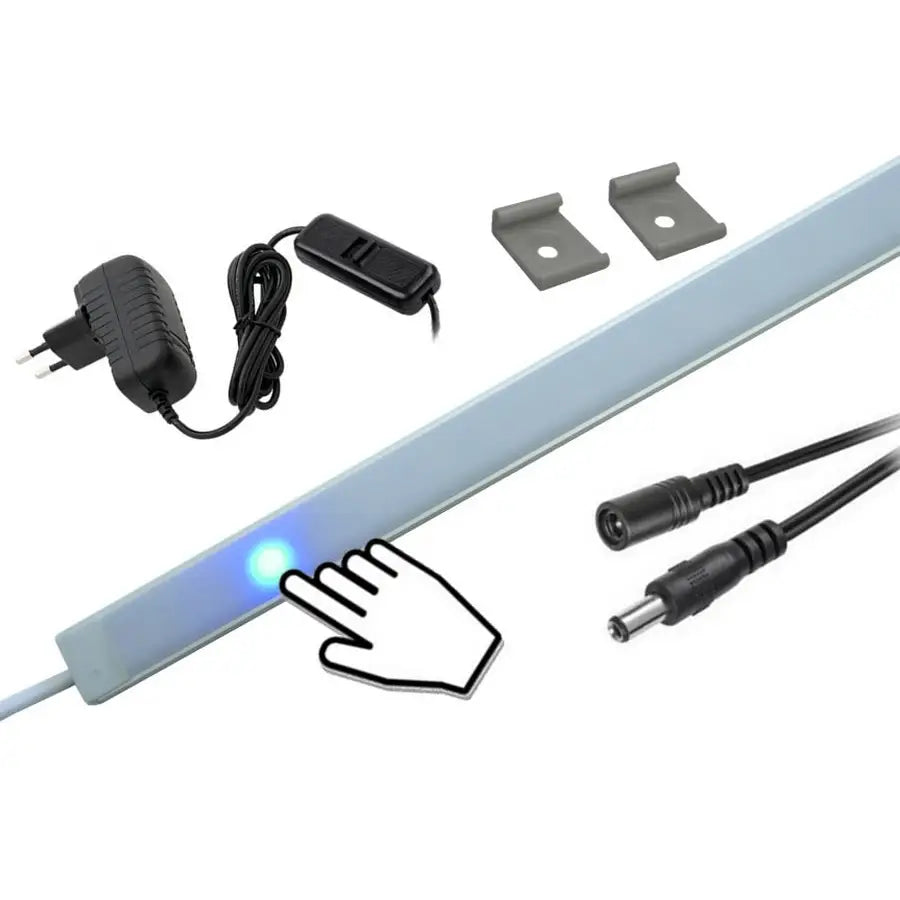 Underkapnings LED-liste 100 cm med matt overflate, blått lys, berøringspanel og tilbehør synlig.