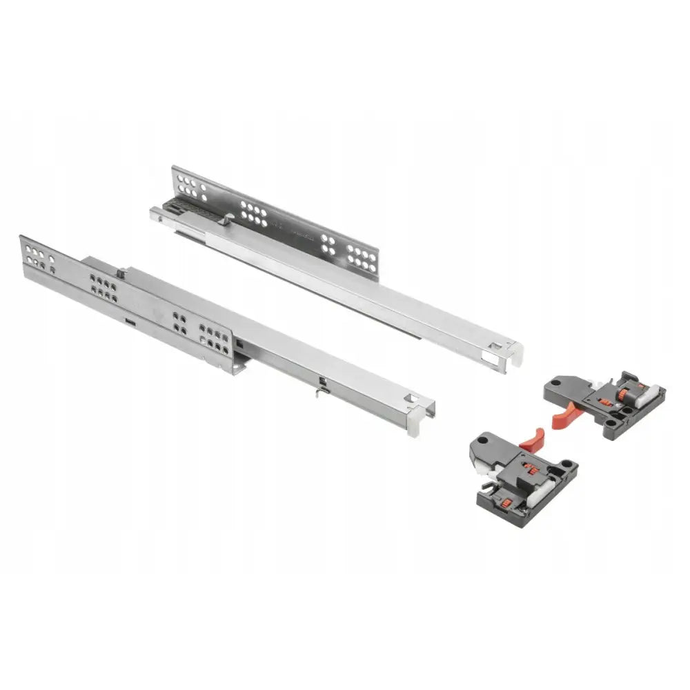 Undermonterte skuffeskinner Modern Slide L600 med grå plastbeslag og oransje detaljer, sett skrått ovenfra.