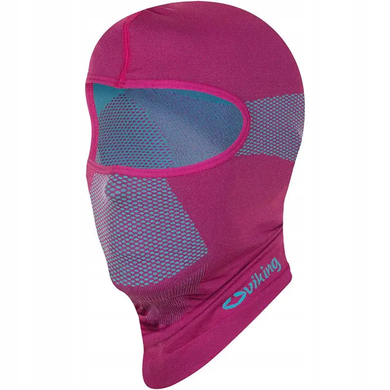 Unisex hettebalaklava i rosa og blått, sideprofil med synlig øyeåpning og blå logo på halsen.