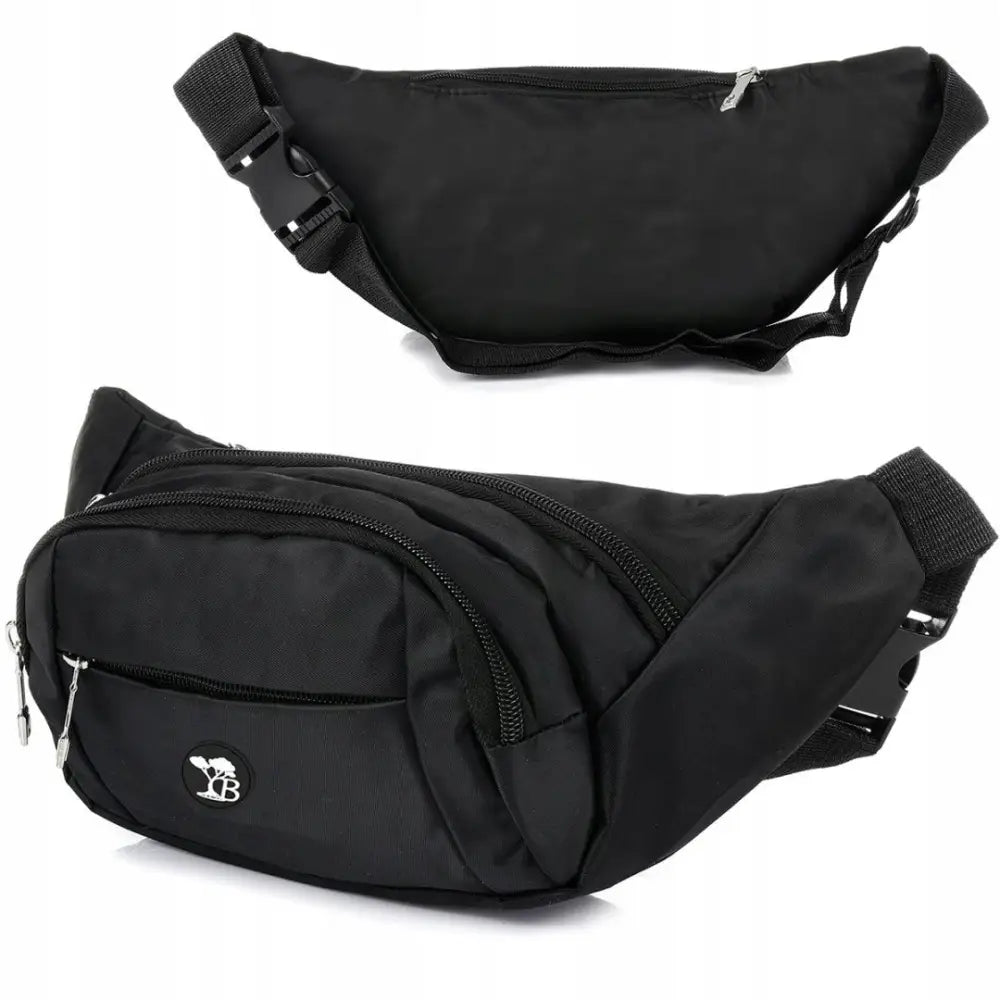 Unisex svart sølvbelteveske i Cordura, vises forfra og bakfra med glidelåslommer og justerbar stropp.