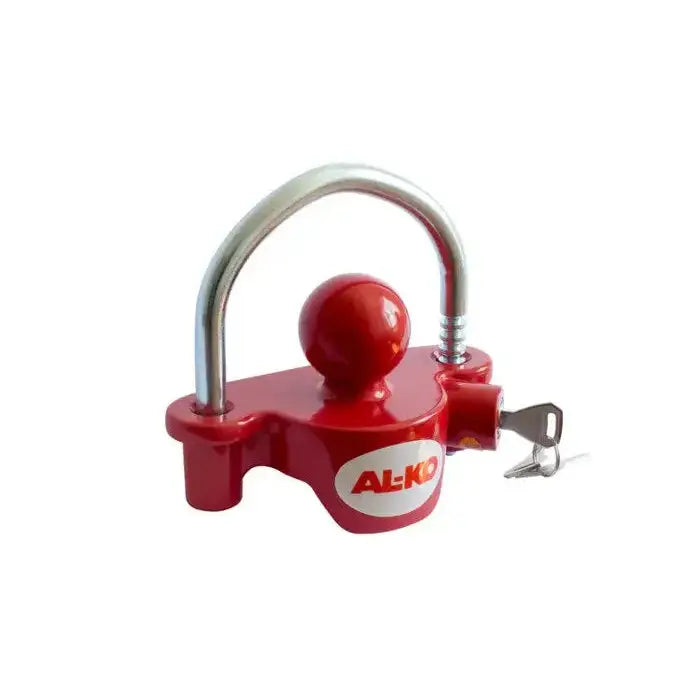 Universalfestelås for tilhengere fra AL-KO, skråvisning med synlig nøkkel og låsesylinder, rød og sølv finish.