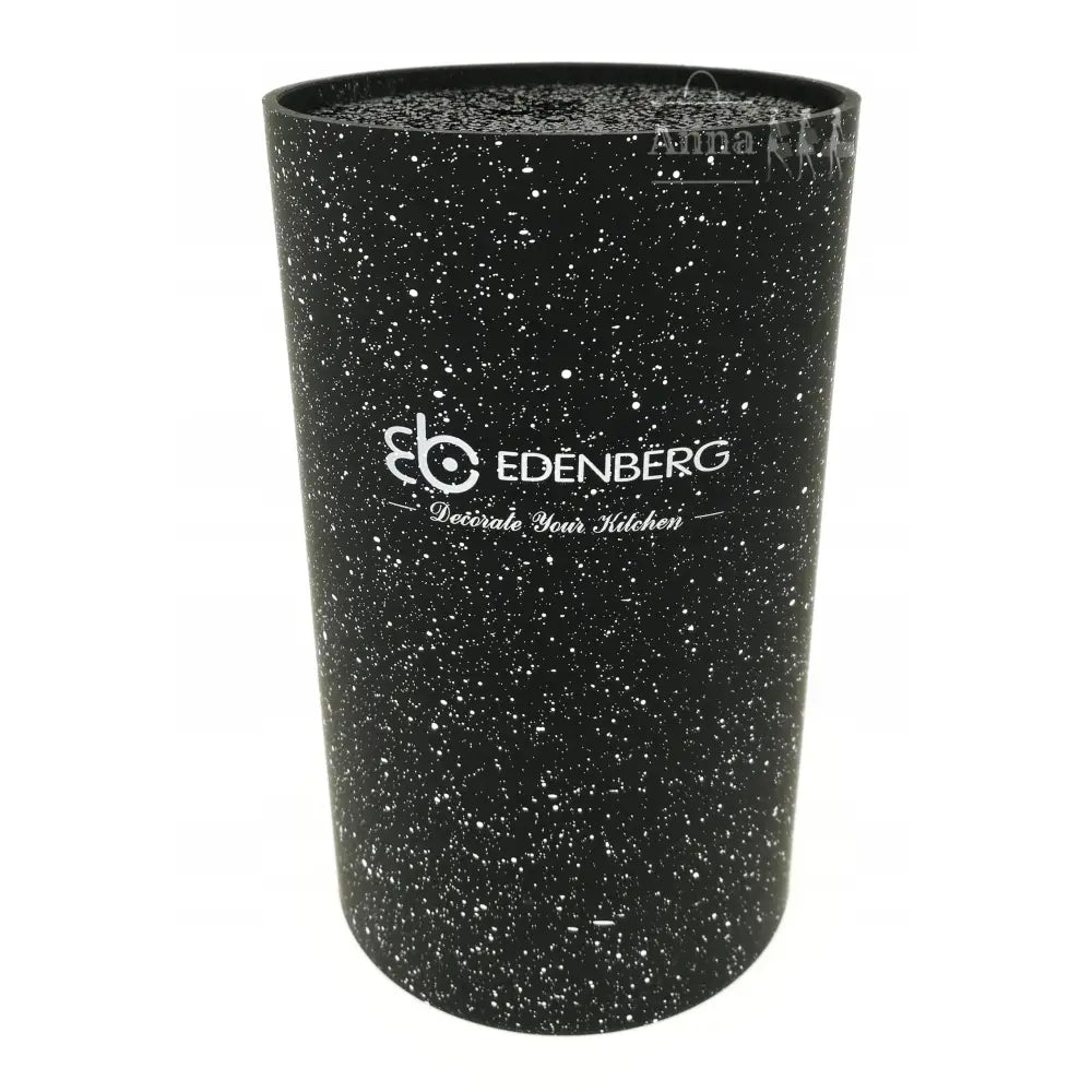 Universell knivblokk, sort sylinder med hvite flekker, tydelig logo foran, sett fra skrå vinkel.