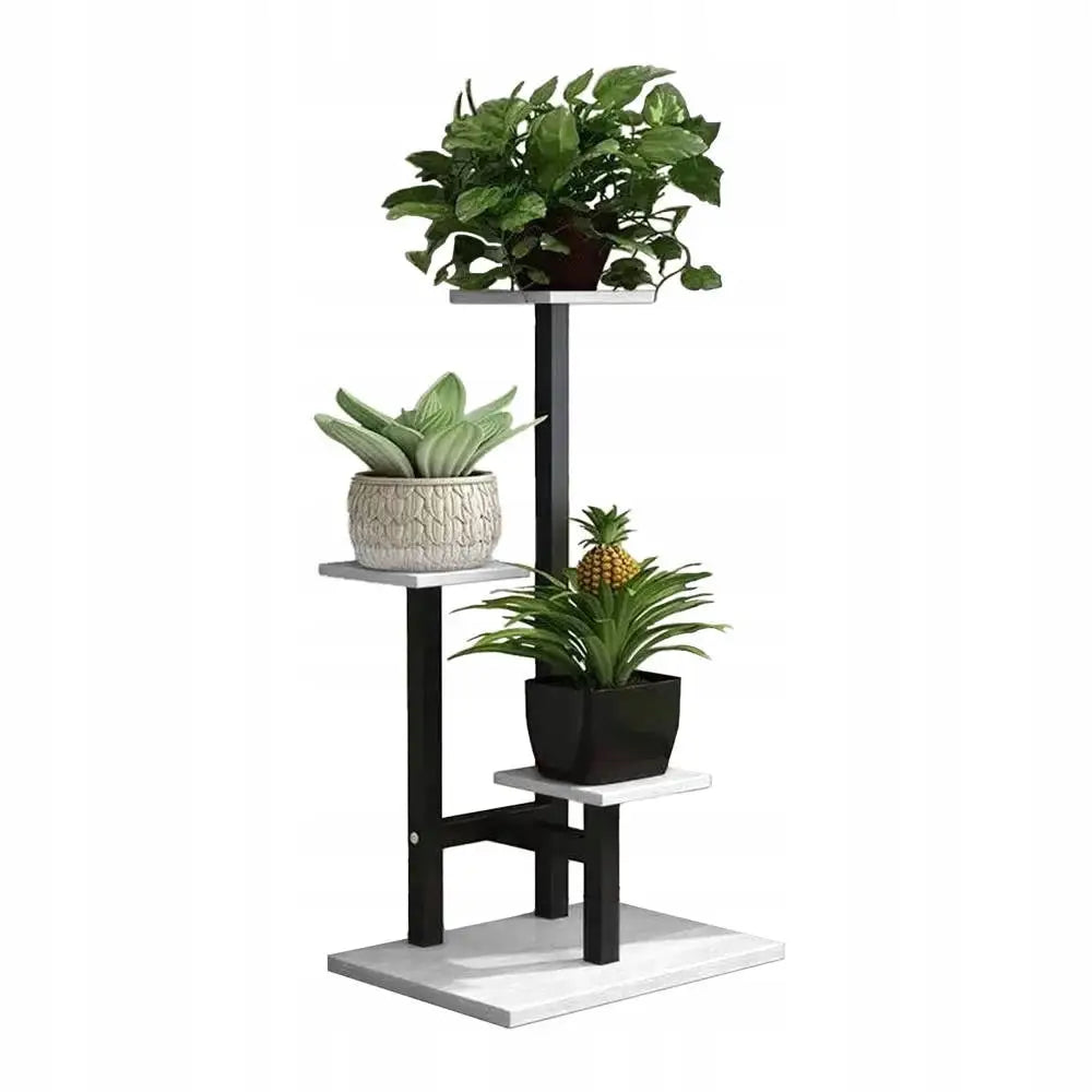 Universell blomsterstativ med tre nivåer, svart og hvitt design, dekorert med grønne potteplanter.