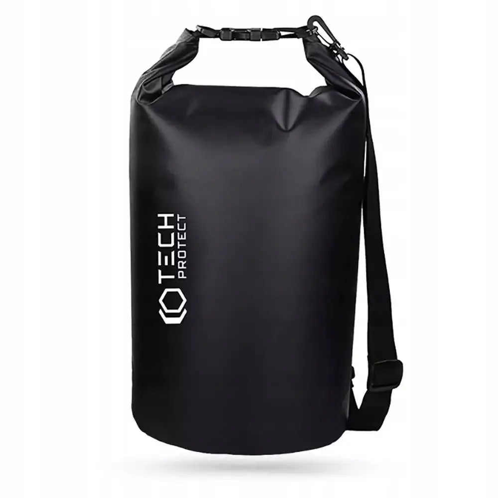 Universell vanntett bag 20L i sort matt finish, frontvisning med rullelås, skulderrem og hvit logo.