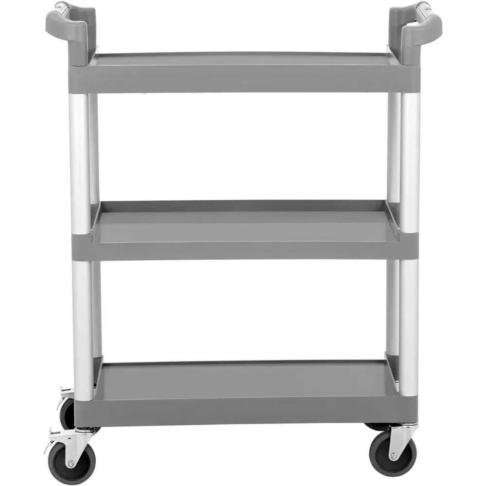 Universell vogn med tre grå plast-hyller, aluminiumsstolper og to hjul med bremser, sett forfra.