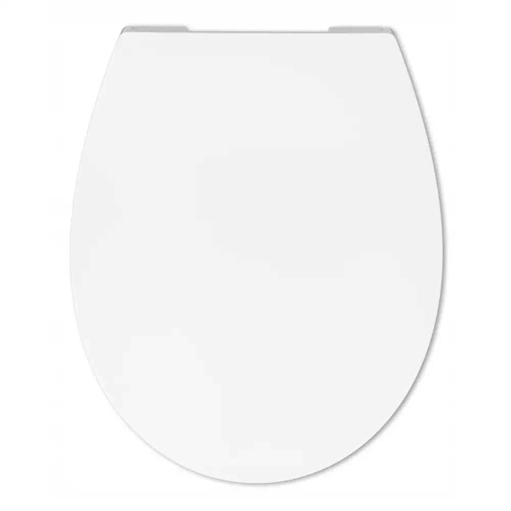 Universelt toalettsete med soft-close, hvit og avrundet design sett ovenfra på ensfarget bakgrunn.