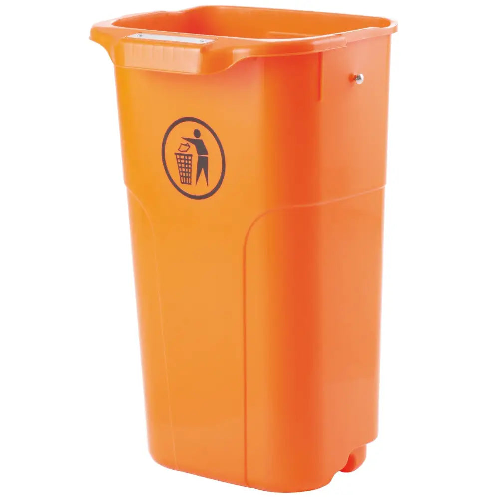 Oransje URBAN BIN 50L avfallsbeholder, side- og frontvisning med tydelig kildesorteringssymbol på fremsiden.