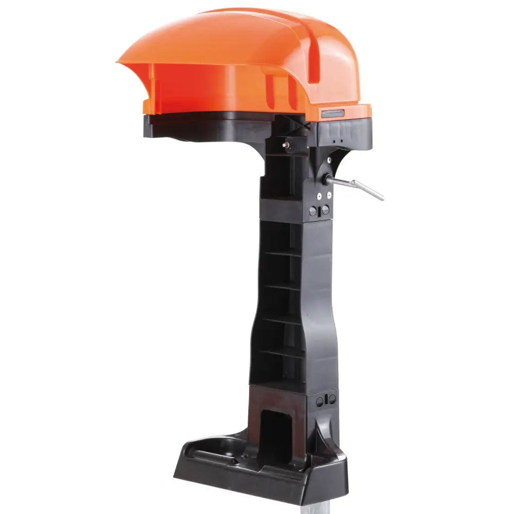 Urban avfallskurv 50L, sidevisning av oransje og svart plasthus med justeringsspak og markert åpning nederst.