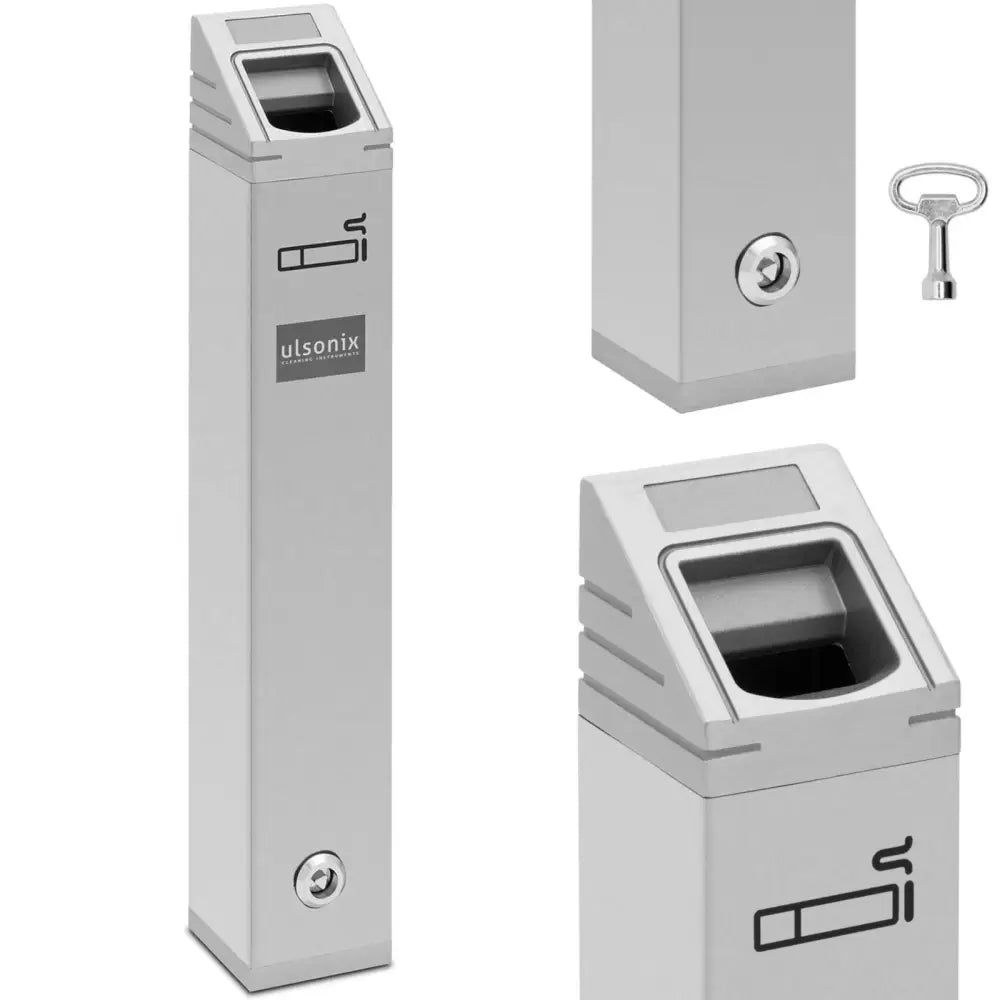 Utendørs lukket vegghengt askebeger i sølv, firkantet design med nøkkel og tydelig sigarettsymbol.